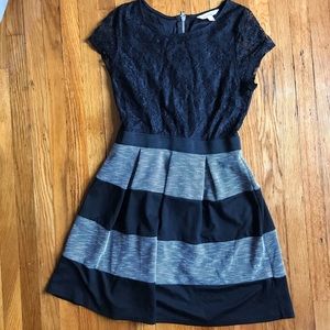 Black lace and gray stripe dress (M)